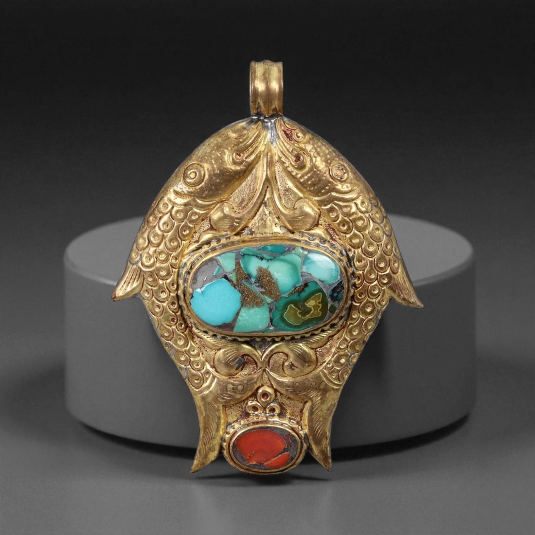 Vintage Himalayan Gilt Copper Fish Form Turquoise Coral Pendant, 20th Century, 8cm (1 of 2)