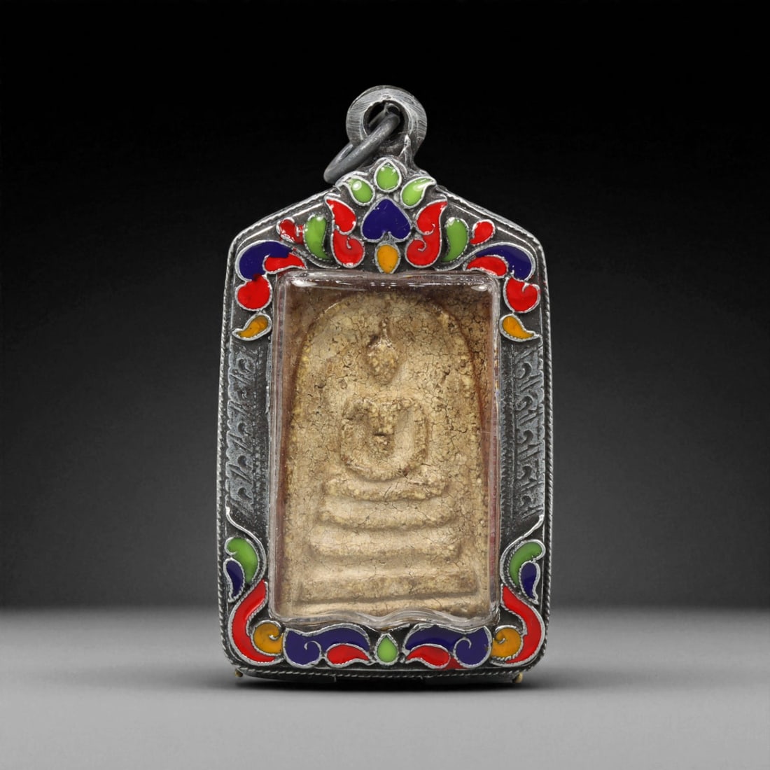 Vintage Thai Buddhist Amulet in Ornate Framed Setting, 20th Century , 6cm: This vintage Thai Buddhist amulet exemplifies the devotional artistry that continues to define Thailand's sacred craftsmanship. Encased within an intricately detailed frame, the amulet displays refine