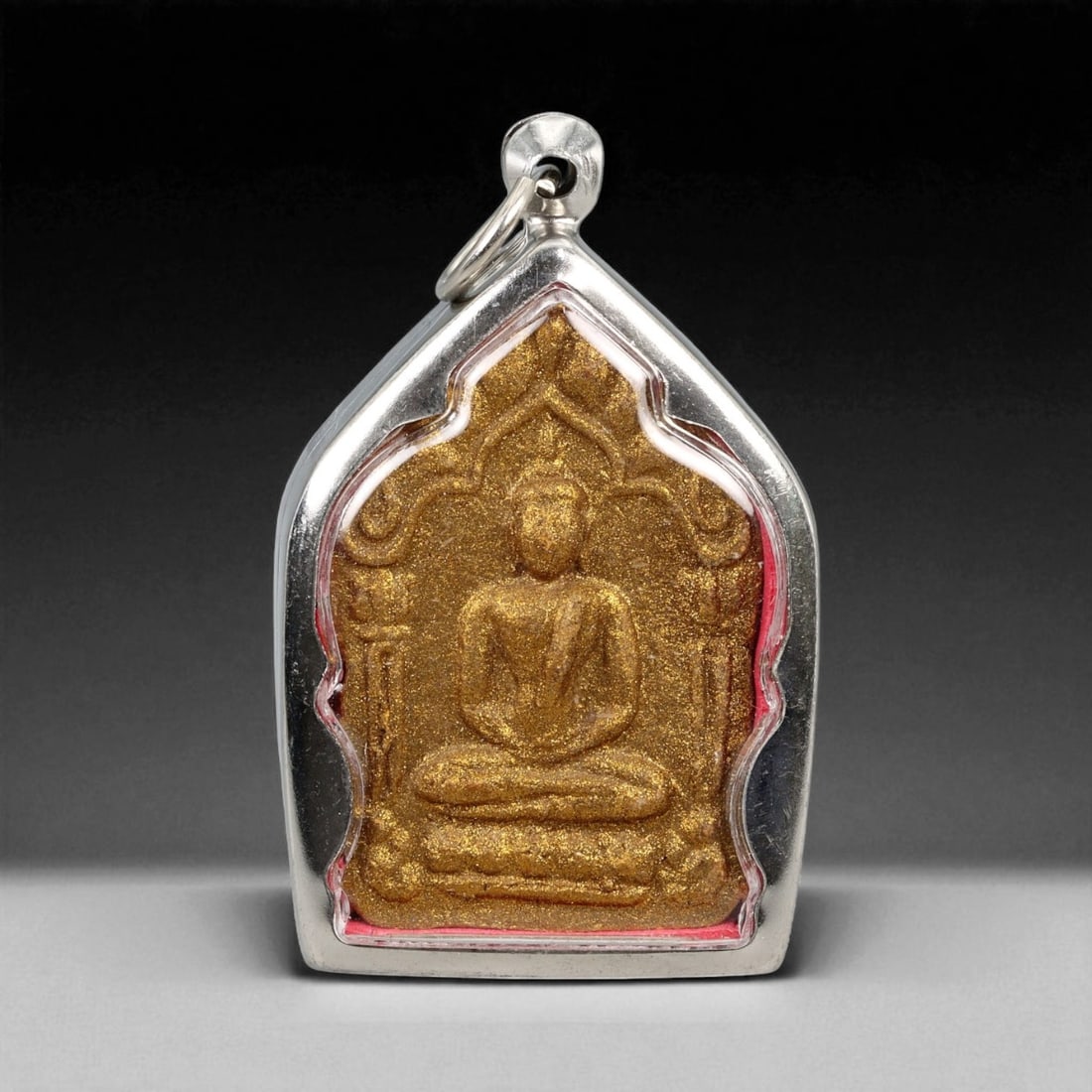 Vintage Thai Buddhist Amulet in Ornate Framed Setting, 20th Century , 5cm: This vintage Thai Buddhist amulet exemplifies the devotional artistry that continues to define Thailand's sacred craftsmanship. Encased within an intricately detailed frame, the amulet displays refine