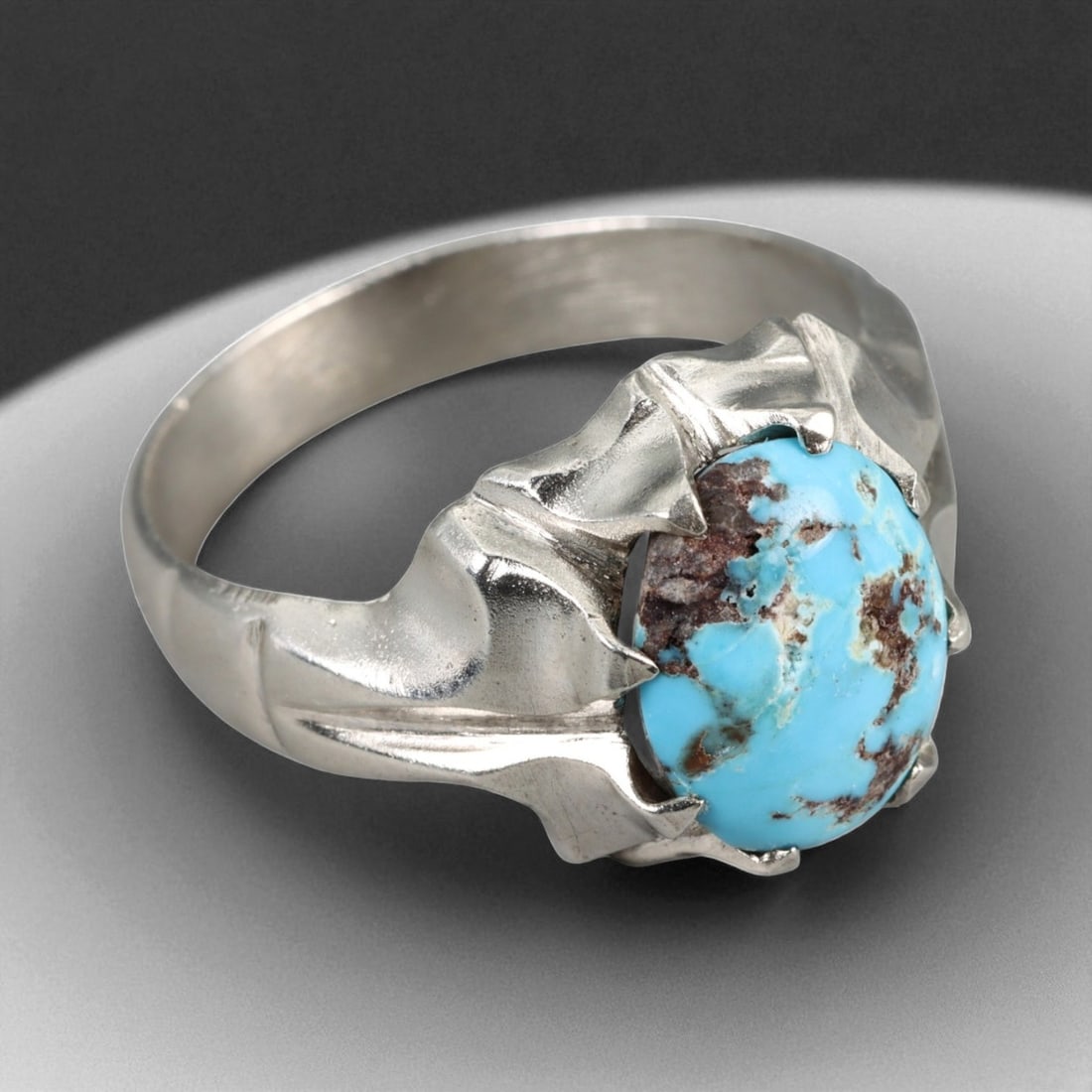 Antique Persian Style Turquoise Cabochon Silver Ring, c. 19th-20th Century, US Size 10.5 (1 of 3)