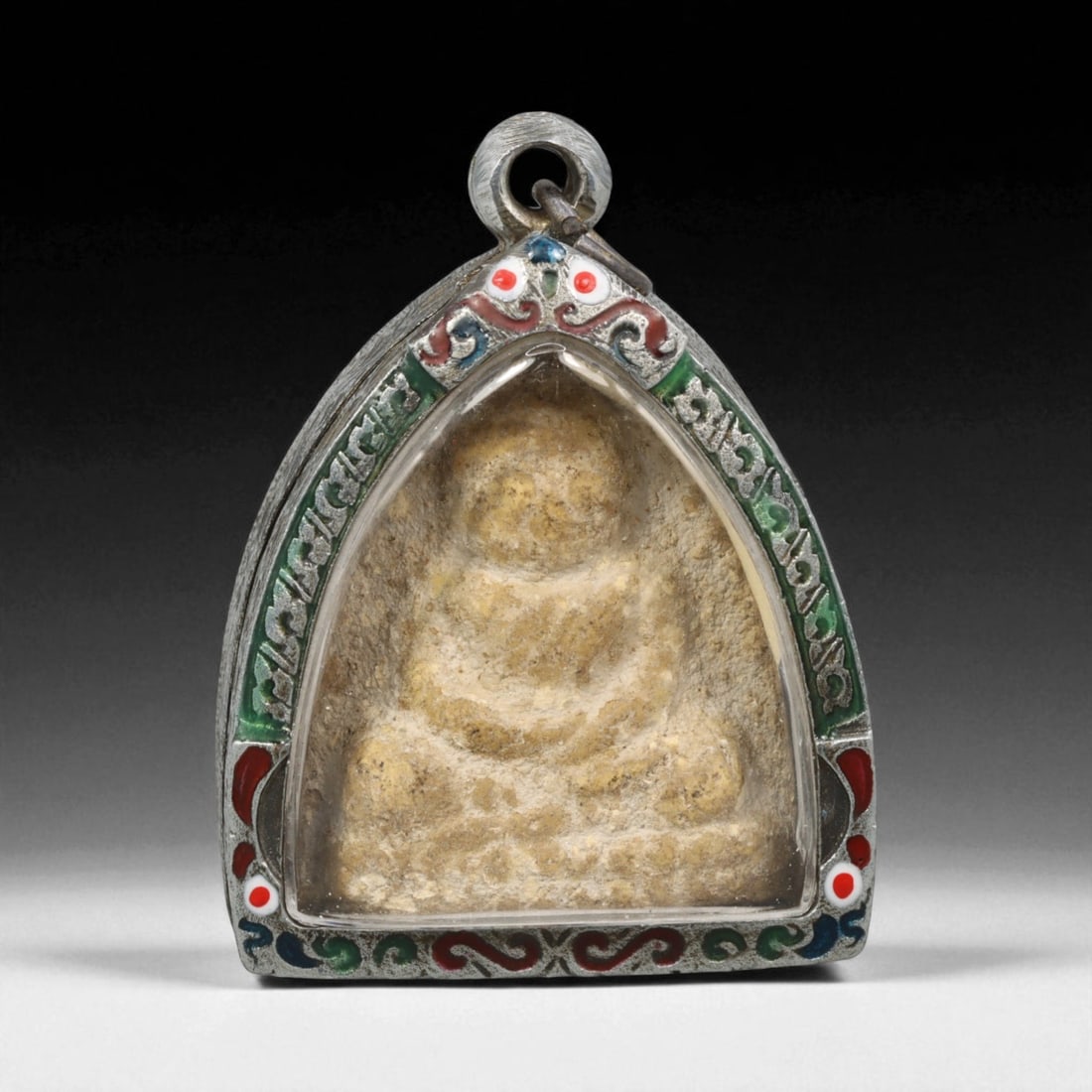 Vintage Thai Buddhist Amulet in Ornate Framed Setting, 20th Century , 5cm: This vintage Thai Buddhist amulet exemplifies the devotional artistry that continues to define Thailand's sacred craftsmanship. Encased within an intricately detailed frame, the amulet displays refine