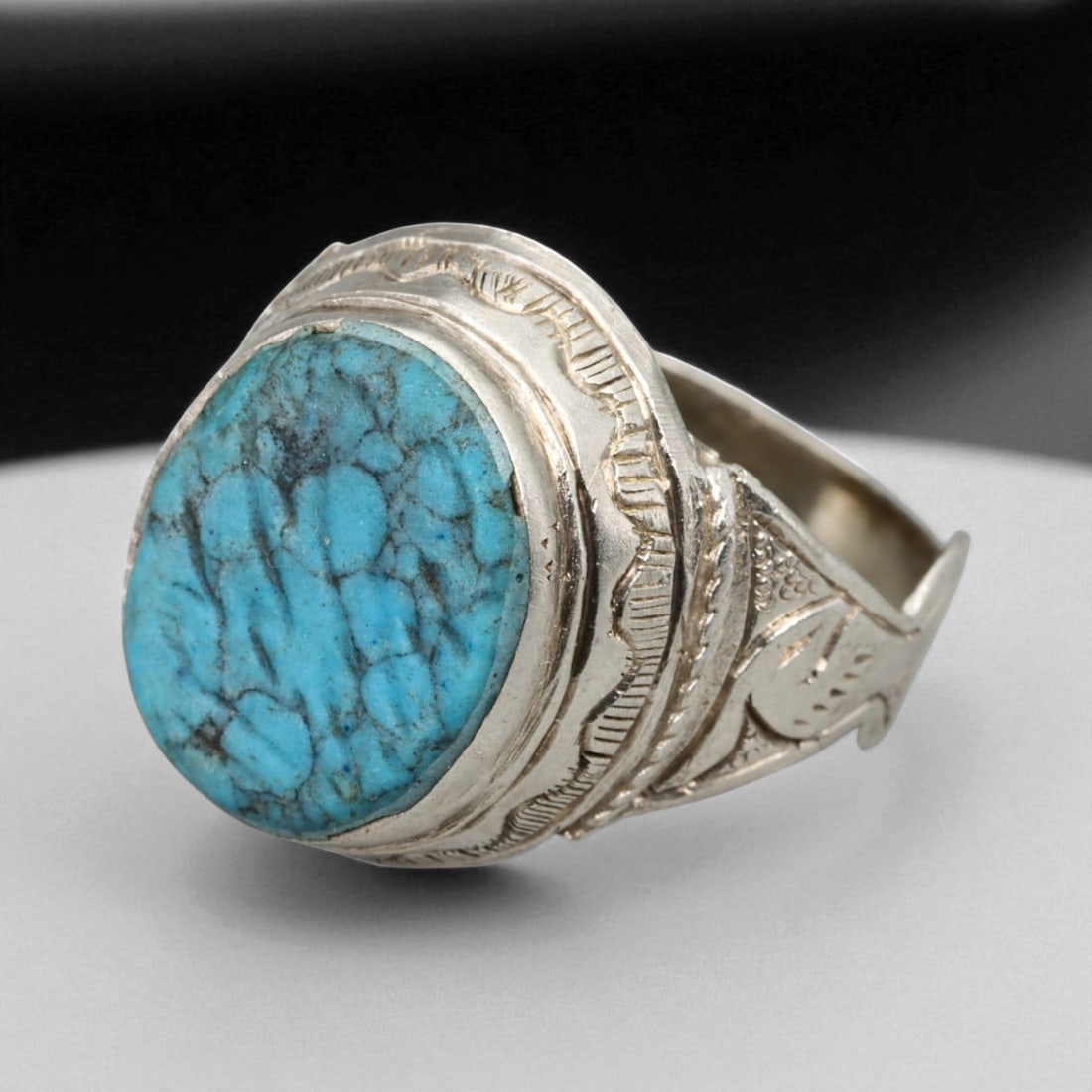 Antique Persian Turquoise Engraved Silver Ring, c. 19th-20th Century, US Size 10.5 (1 of 3)