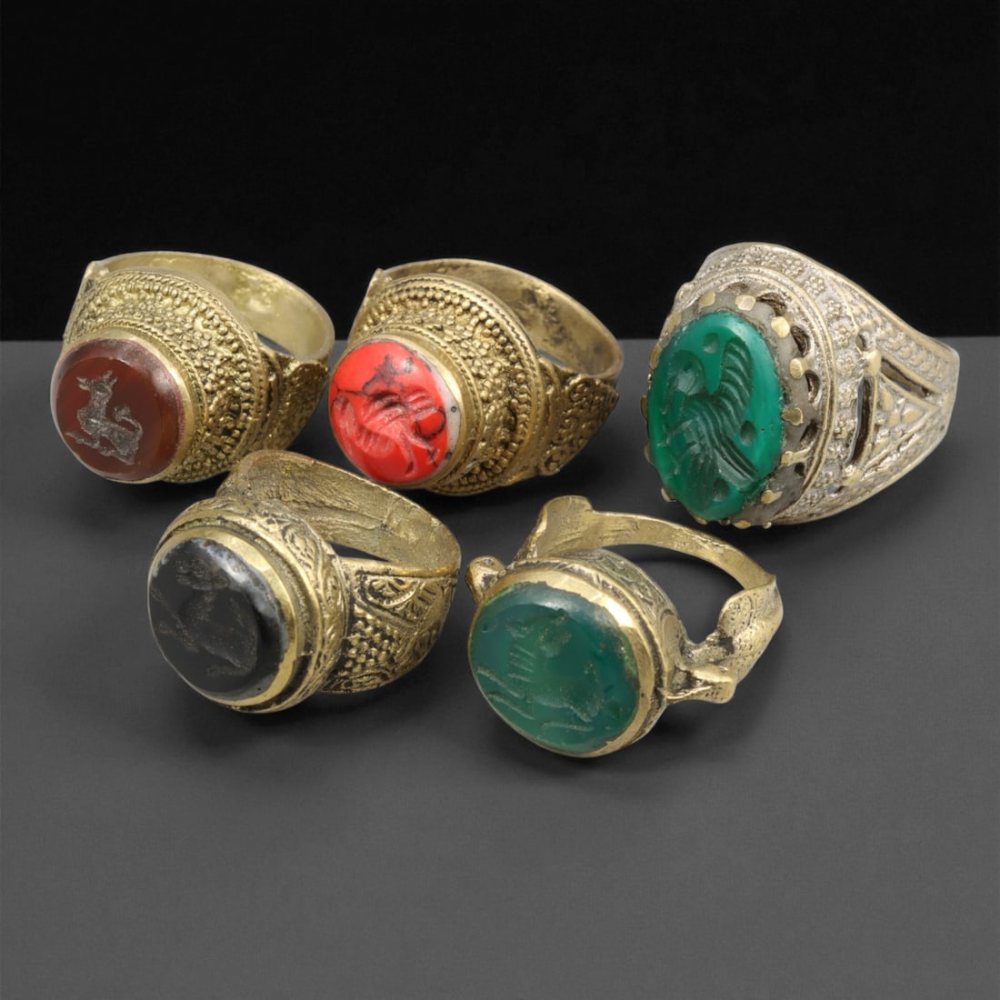 Antique Qajar Royal Gemstone Gilt Brass Rings Set, c. 18th-19th Century, (1 of 1)