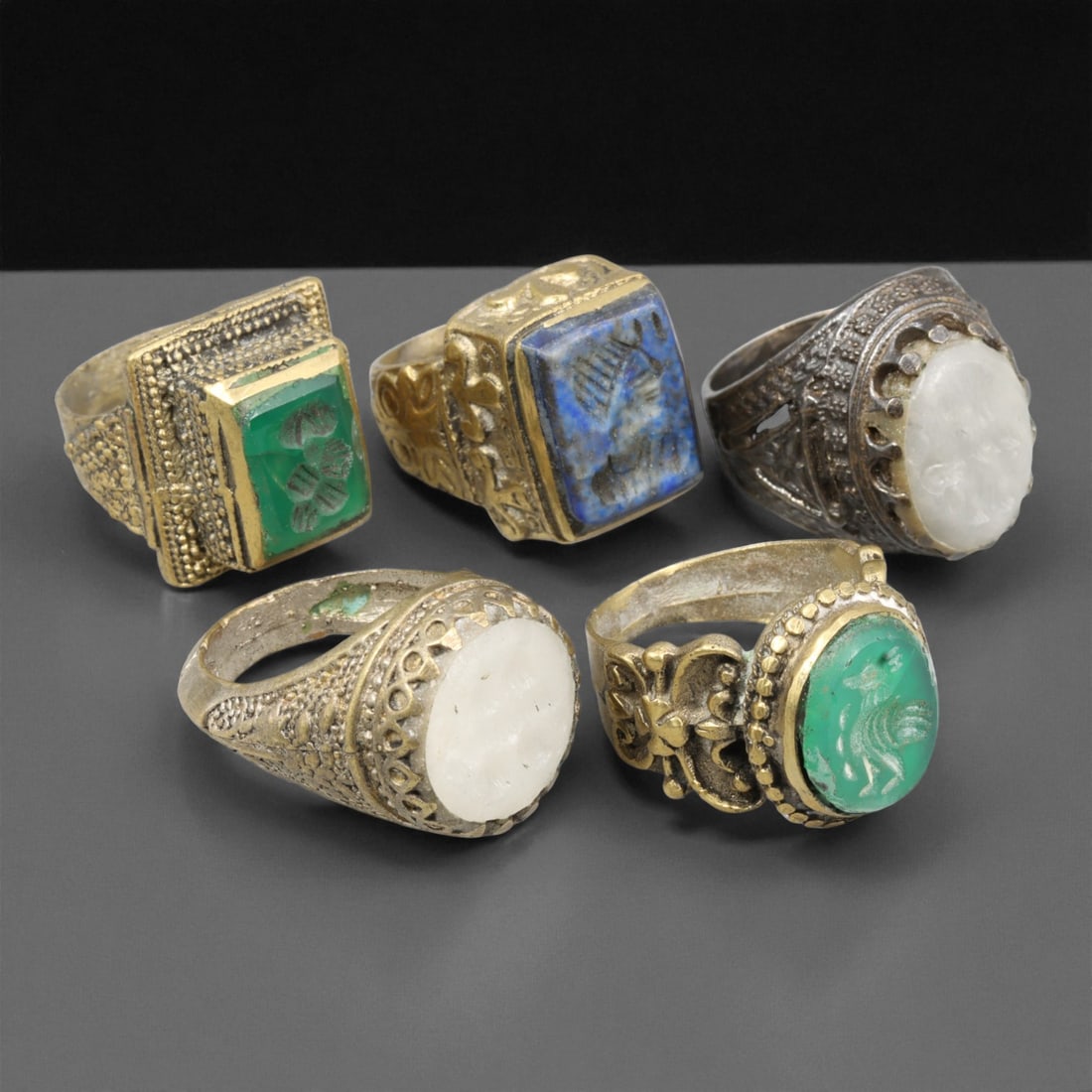 Antique Qajar Royal Gemstone Gilt Brass Rings Set, c. 18th-19th Century, (1 of 1)