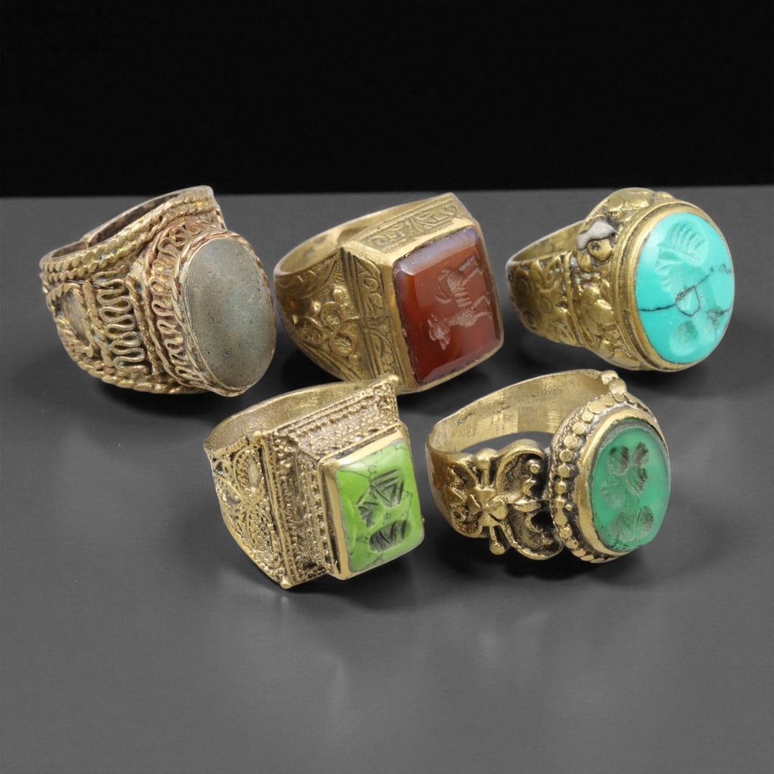 Antique Qajar Royal Gemstone Gilt Brass Rings Set, c. 18th-19th Century, (1 of 1)