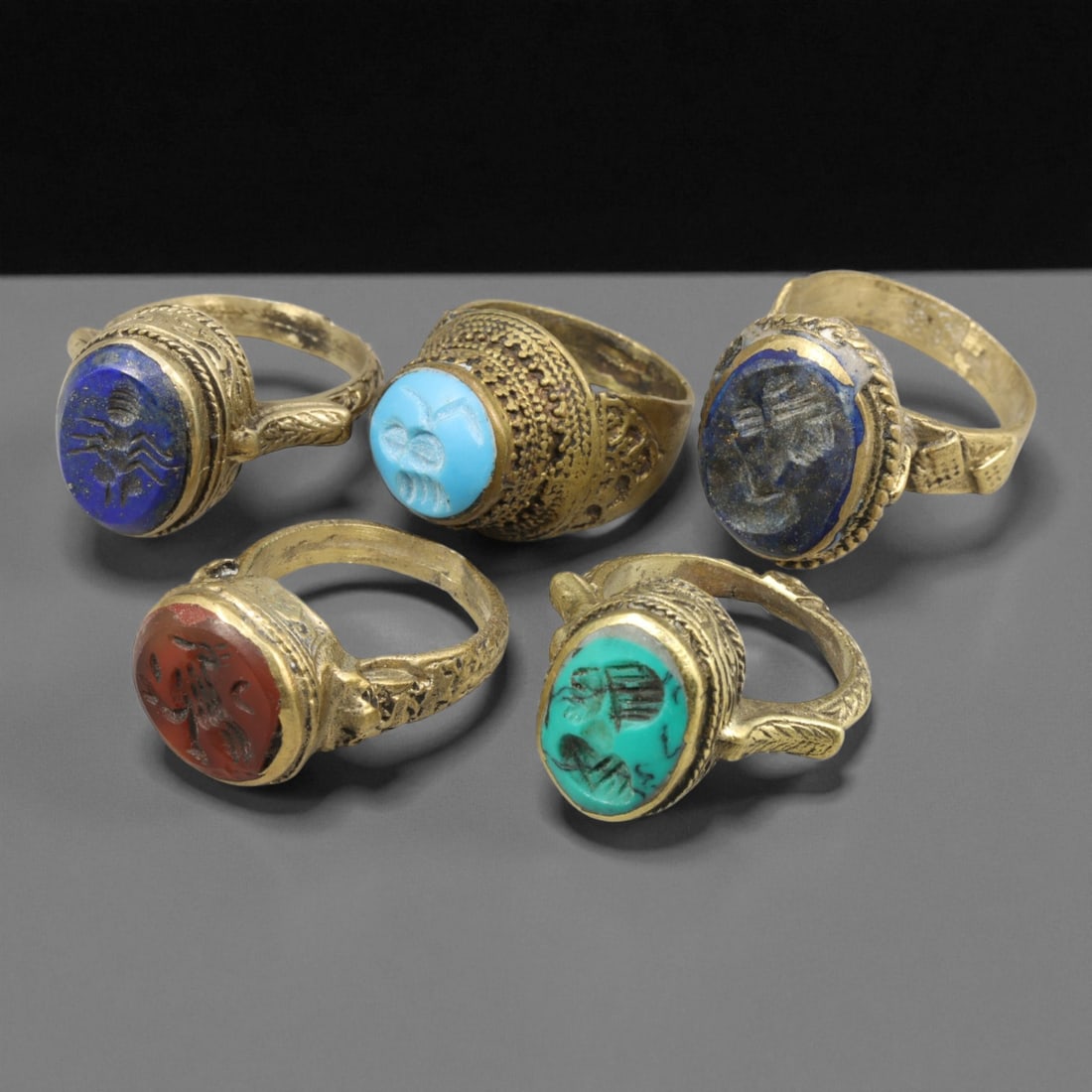 Antique Qajar Royal Gemstone Gilt Brass Rings Set, c. 18th-19th Century, (1 of 1)