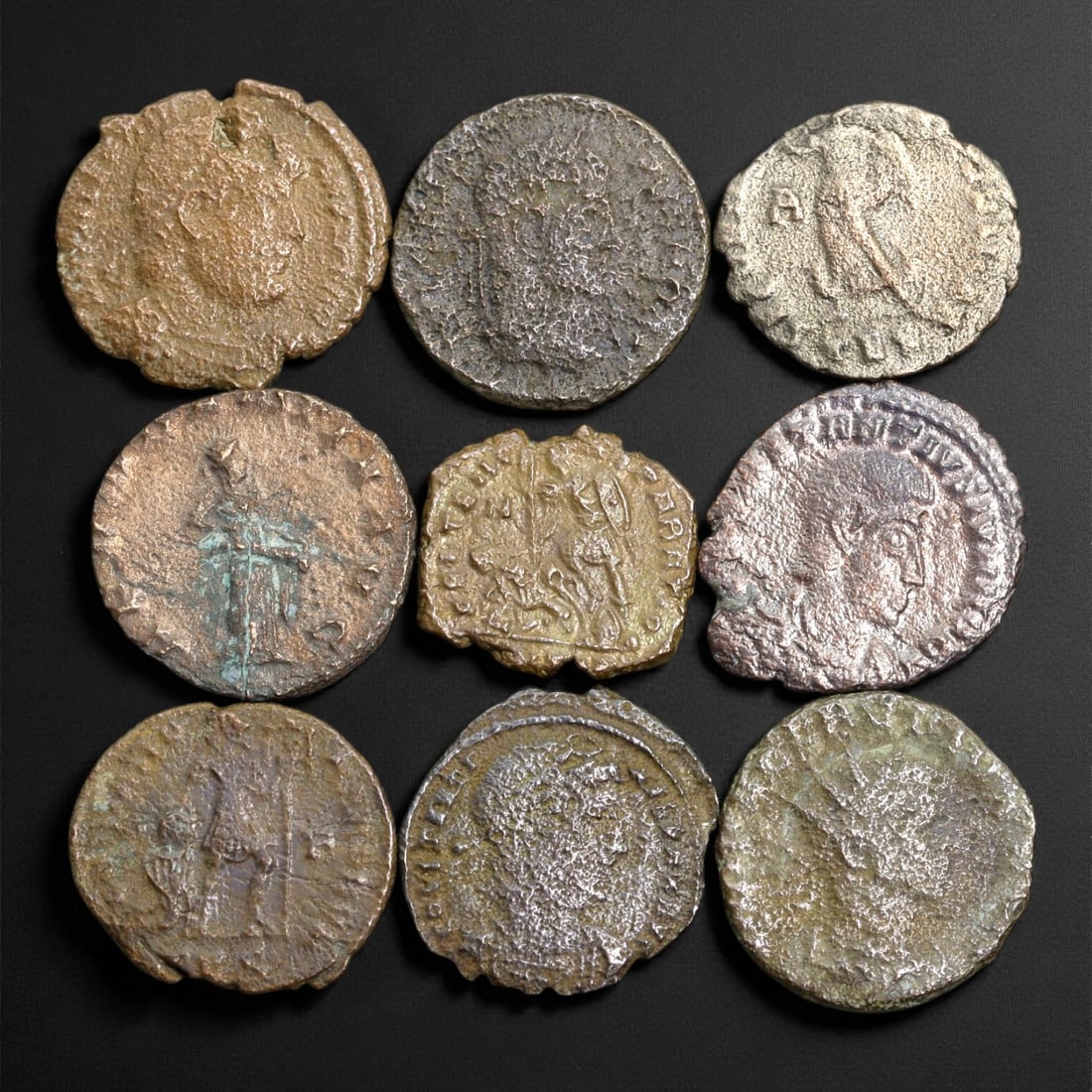 Ancient Roman Imperial Bronze Coins, 9 Pieces, c. 3rd-4th Century CE, 15-18mm: This group of ancient Roman bronze coins dates to the 3rd-4th century CE, a period marked by both artistic refinement and political transformation within the late Empire. Each coin bears portraits of 