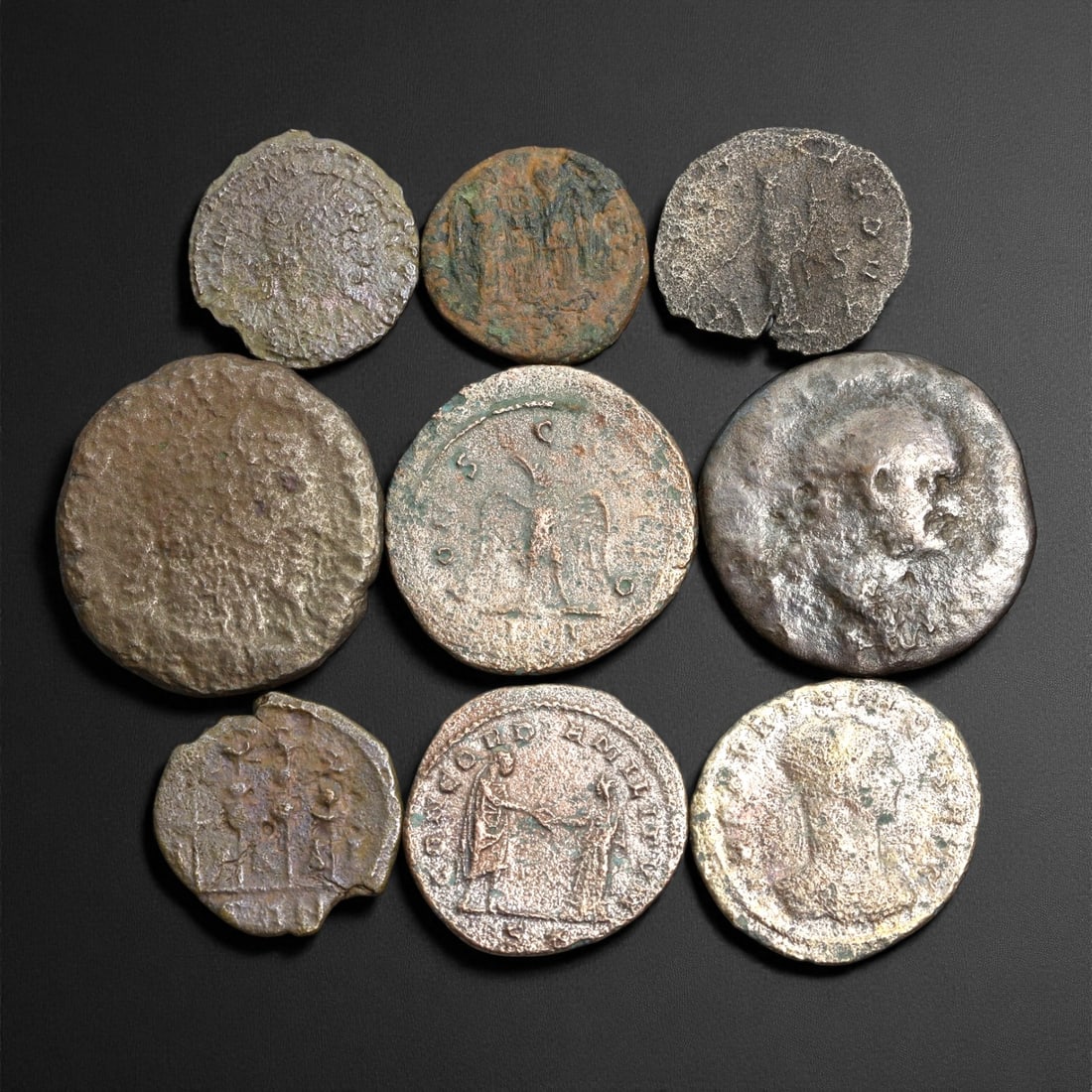 Ancient Roman Imperial Bronze Coins, 9 Pieces, c. 3rd-4th Century CE, 17-26mm: This group of ancient Roman bronze coins dates to the 3rd-4th century CE, a period marked by both artistic refinement and political transformation within the late Empire. Each coin bears portraits of 
