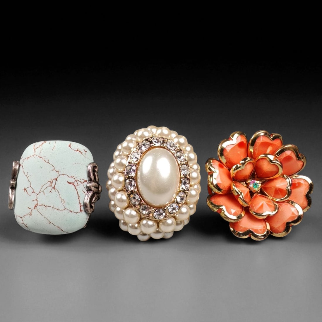 Lot of 3 Vintage and Contemporary Fashion Ring Lot, c. 20th-21st Century: This assorted lot of vintage and contemporary fashion rings offers a vibrant collection of statement pieces showcasing diverse styles, materials, and craftsmanship. Designed for decorative wear rather