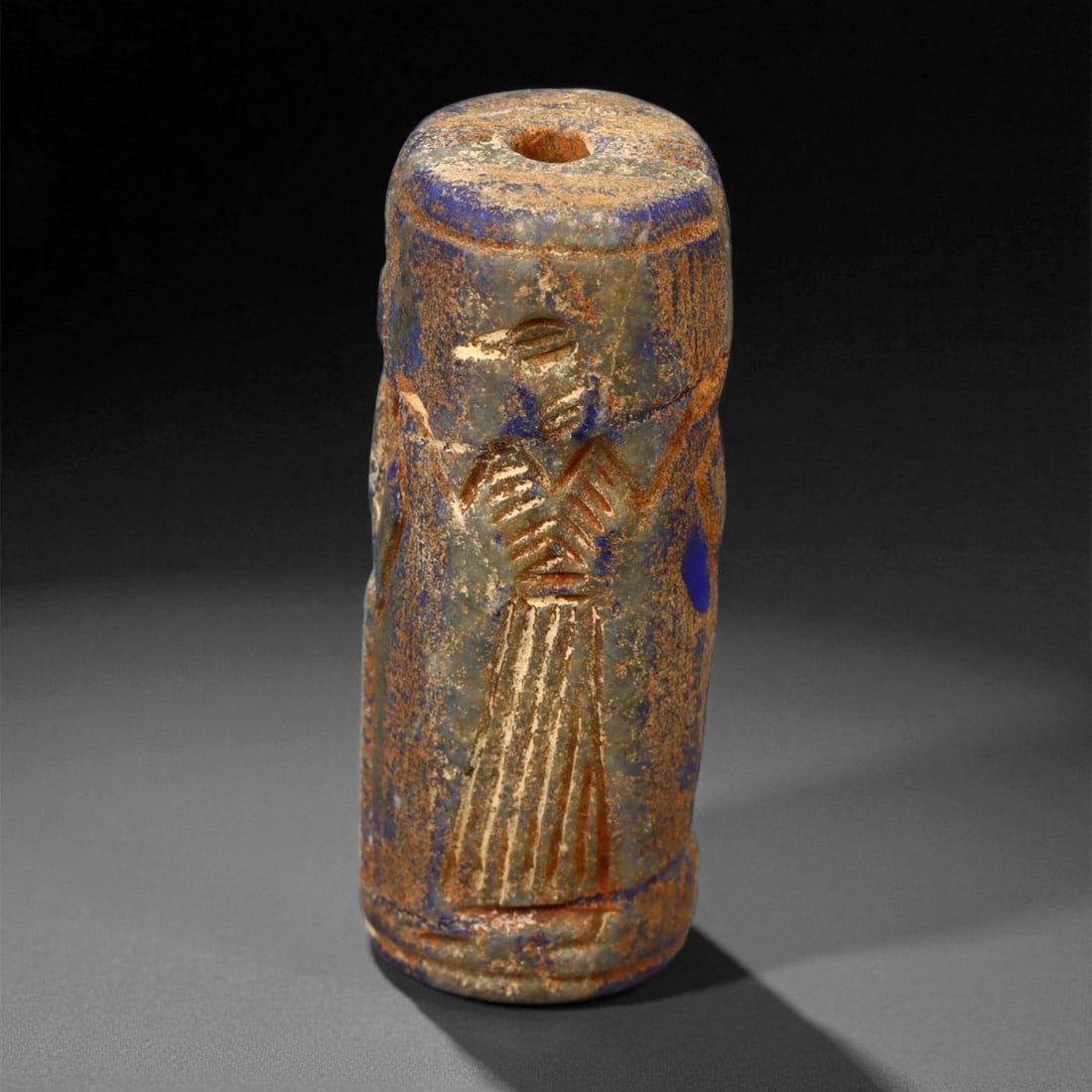 Ancient Near Eastern Stone Cylinder Seal of Mythic Motifs, c. 2nd-1st Millennium BCE, 5.2cm: A striking relic from the dawn of civilization, this ancient Mesopotamian cylinder seal dates to the 2nd-1st millennium BCE - a period when art, writing, and ritual became inseparable expressions of c