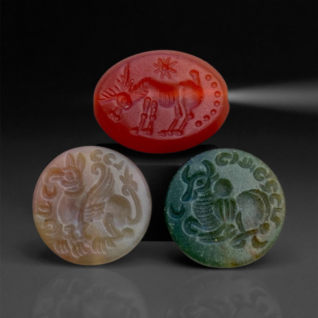 Ancient Parthian Mythical Creature Stamp Seal Bead Trio, c 1st Century BCE-2nd Century CE, 1.5cm, 8g (1 of 2)