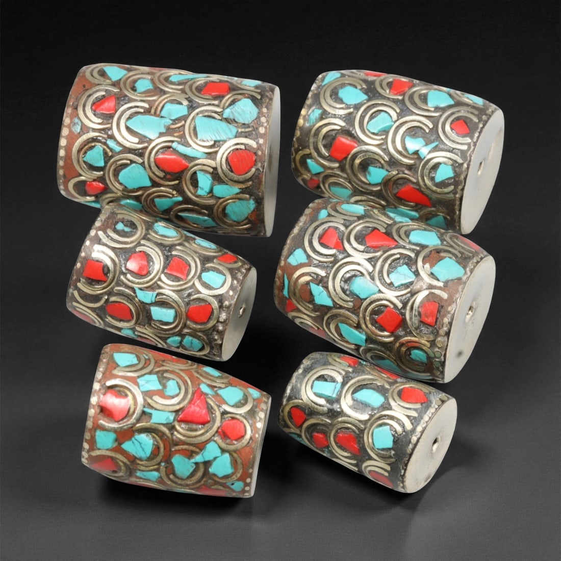 Vintage Himalayan Turquoise and Coral Inlaid Brass Drum Beads, c. Mid-20th Century, 2-3cm (1 of 1)