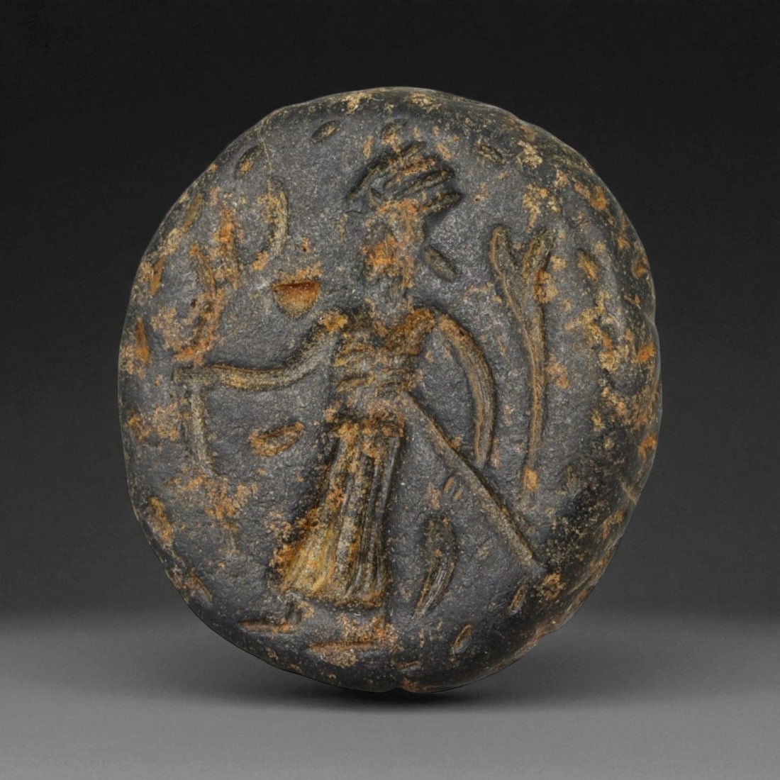 Ancient Greco-Roman Double-Convex Bronze Amulet with Deities, c. 2nd-4th Century CE 12.7g (1 of 2)