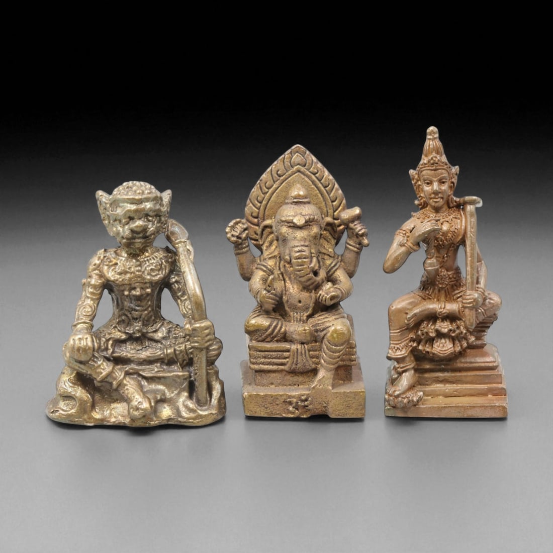Vintage Thai Bronze Divine Triad Amulet Set - Hanuman, Ganesha & Deva Figure, c. 20th Century, 3-4cm (1 of 2)