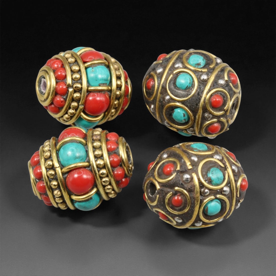 Vintage Himalayan Turquoise and Coral Inlaid Brass Beads, c. Mid-20th Century, 1.7-1.8cm (1 of 1)