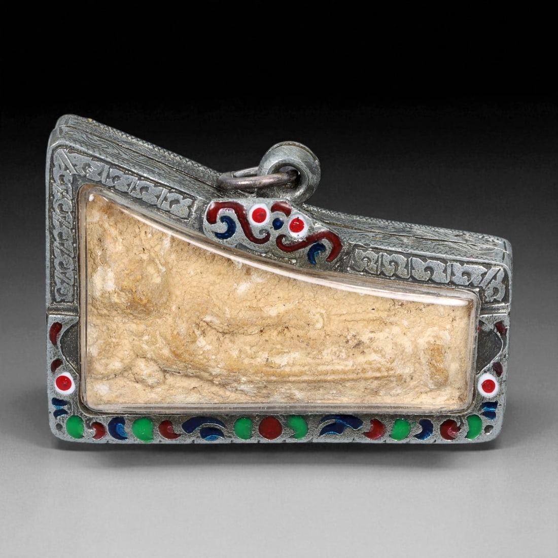 Vintage Thai Buddhist Amulet in Ornate Framed Setting, 20th Century, 6cm: This vintage Thai Buddhist amulet exemplifies the devotional artistry that continues to define Thailand's sacred craftsmanship. Encased within an intricately detailed frame, the amulet displays refine