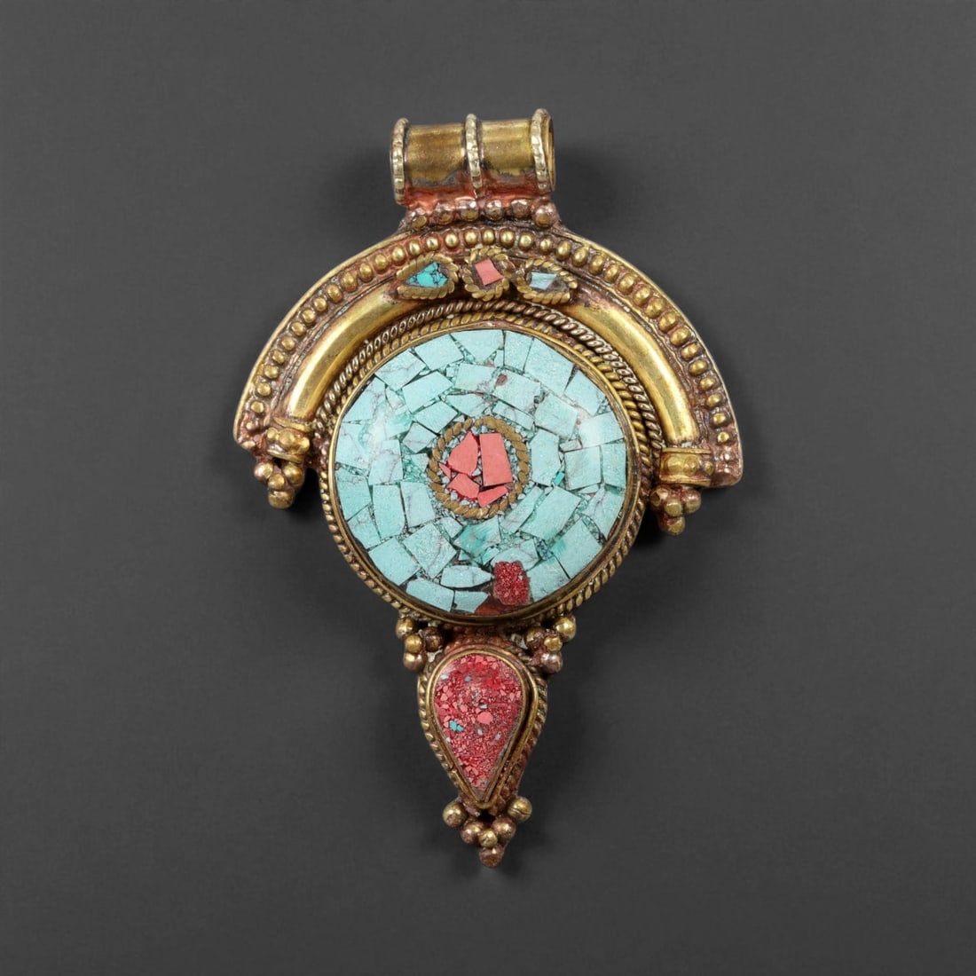 Vintage Himalayan Gilt Copper Turquoise Coral Mandala Form Pendant, 20th Century, 7cm (1 of 2)