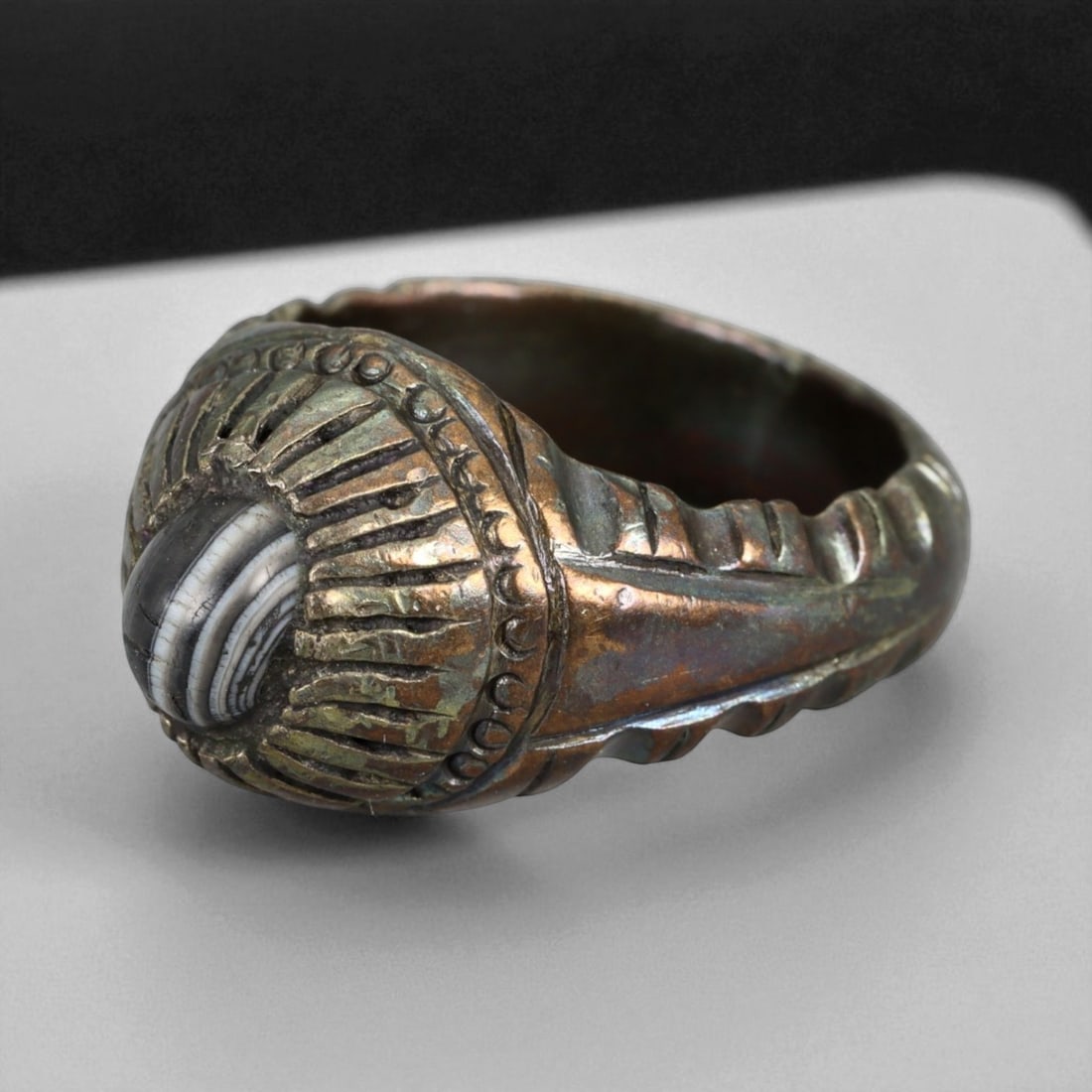 Antique Safavid Silver Ring with Striped Agate Cabochon, c. 17th Century, 12.6g (1 of 3)