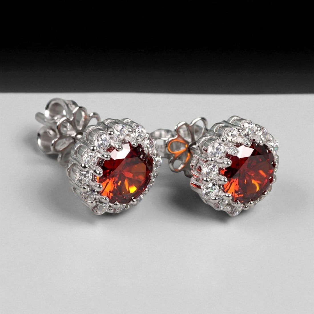 Orange Sapphire Radiant Halo 925 Silver Earrings with Chatham Gemstones, 1.5 cm (1 of 2)