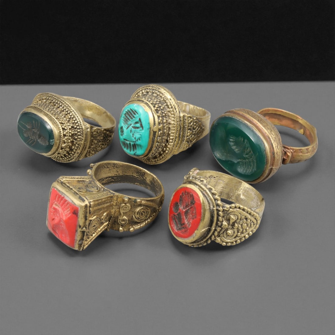 Antique Qajar Royal Gemstone Gilt Brass Rings Set, c. 18th-19th Century, (1 of 1)