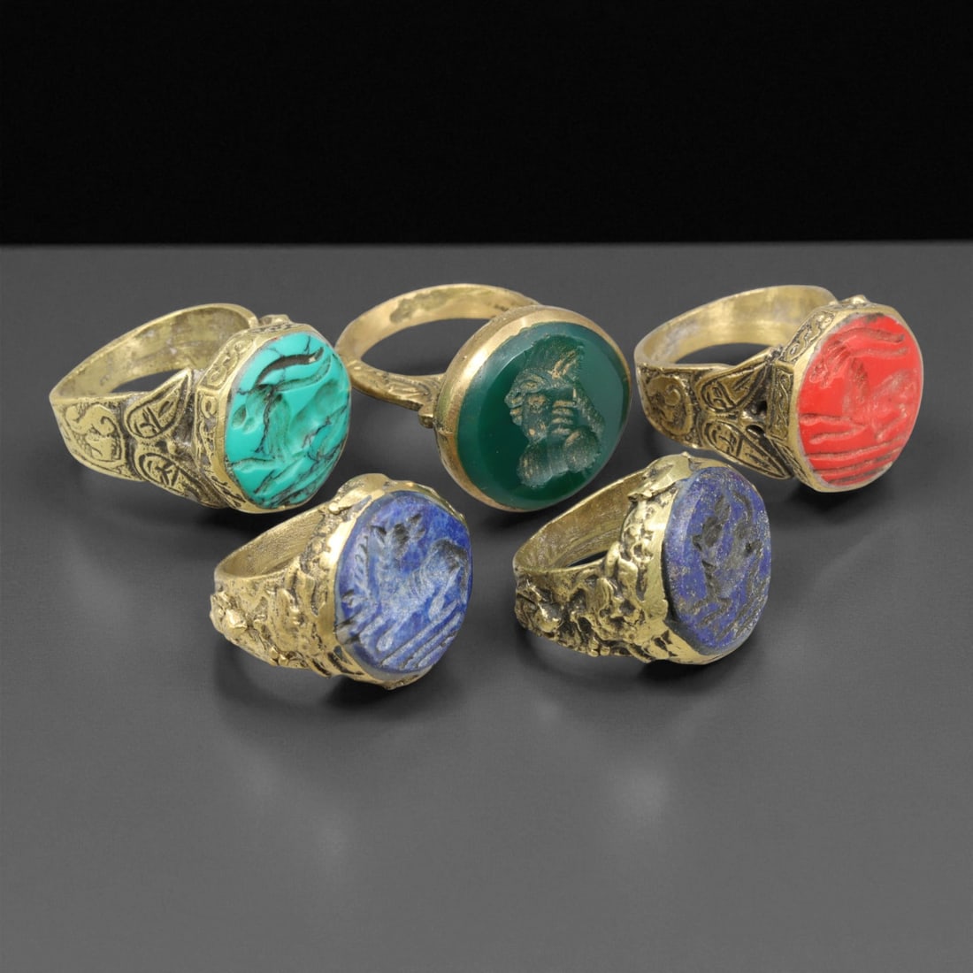 Antique Qajar Royal Gemstone Gilt Brass Rings Set, c. 18th-19th Century, (1 of 1)