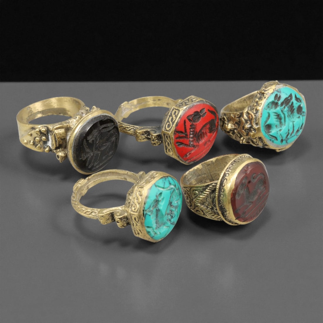 Antique Qajar Royal Gemstone Gilt Brass Rings Set, c. 18th-19th Century, (1 of 1)