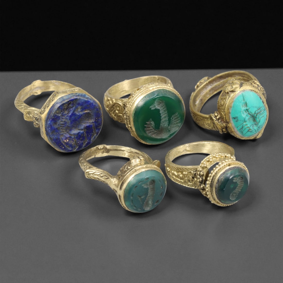 Antique Qajar Royal Gemstone Gilt Brass Rings Set, c. 18th-19th Century, (1 of 1)