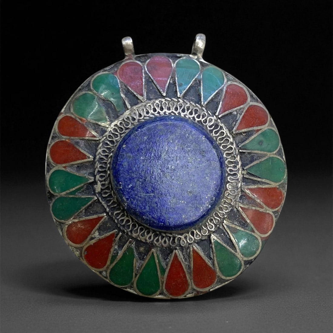 Vintage Central Asian Tribal Enamel and Lapis Silver Amulet Pendant, c. Mid-20th Century 5cm 52g (1 of 2)