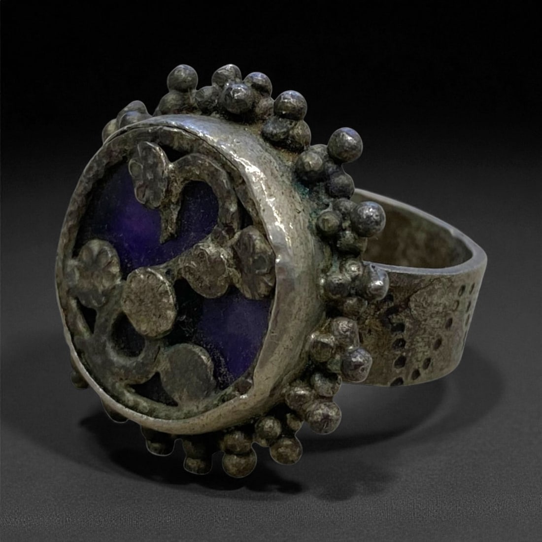 Antique Central Asian Silver and Blue Enamel Floral Ring, c. 18th-19th Century, US 9 13g (1 of 2)