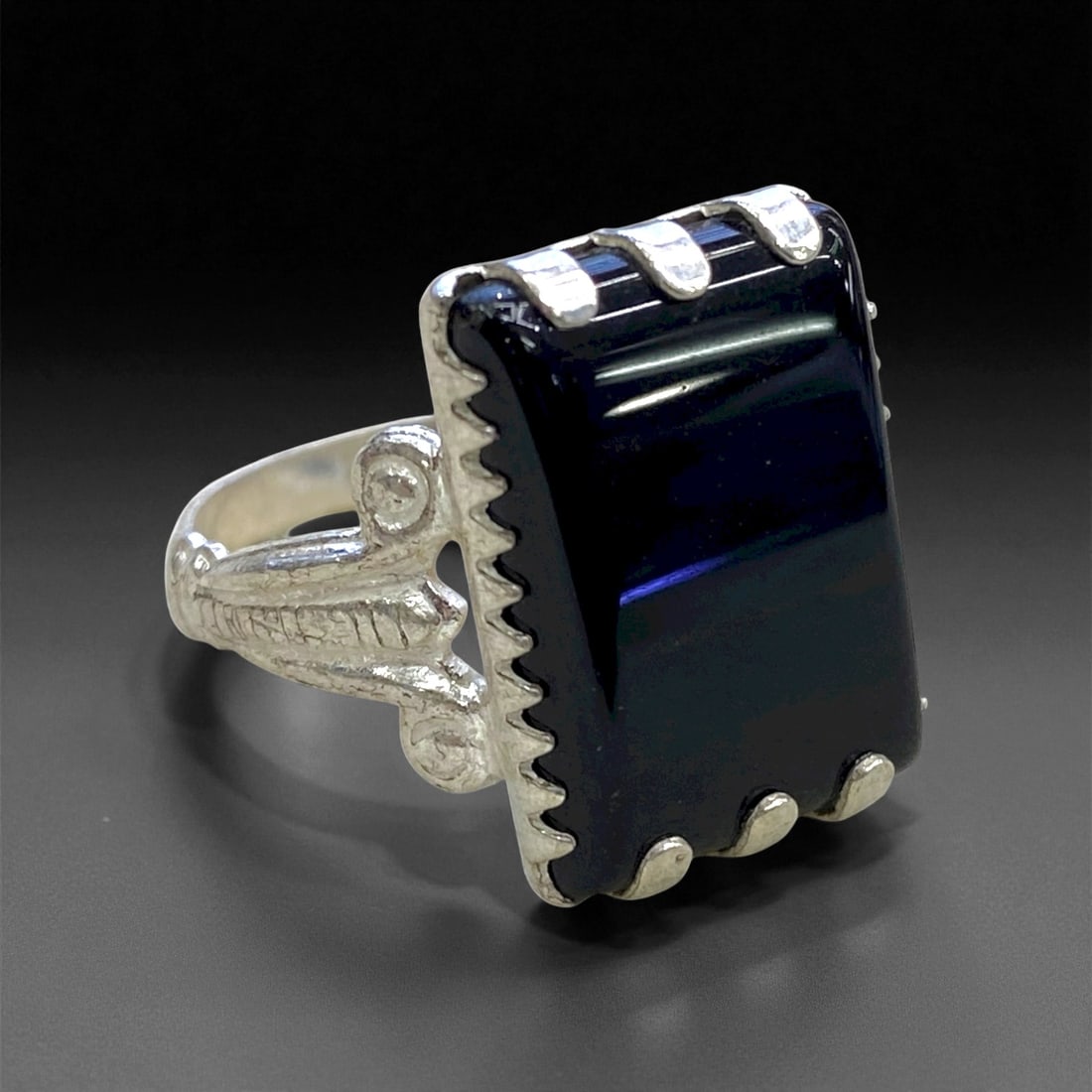 Antique Persian Cobalt Glass Silver Ring, c. Early 20th Century, US 9.5, 4g: This elegant antique silver ring embodies early 20th-century Persian craftsmanship, showcasing the refined simplicity of a transitional era where artisanal heritage met modern sensibility. Its rectang