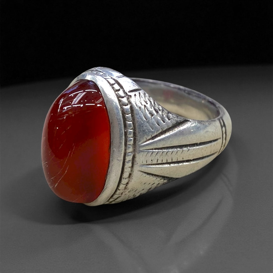 Antique Persian Carnelian Silver Ring, c. 19th-20th Century, US 9.5, 17g (1 of 2)