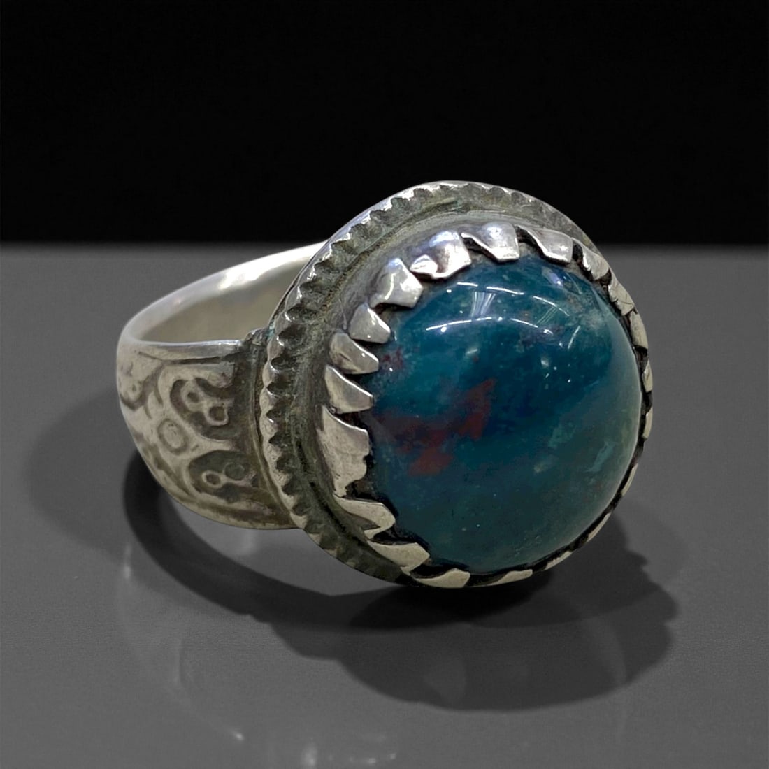 Antique Persian Blue Agate Silver Ring, c. Early 20th Century, US 6.5, 9g (1 of 2)