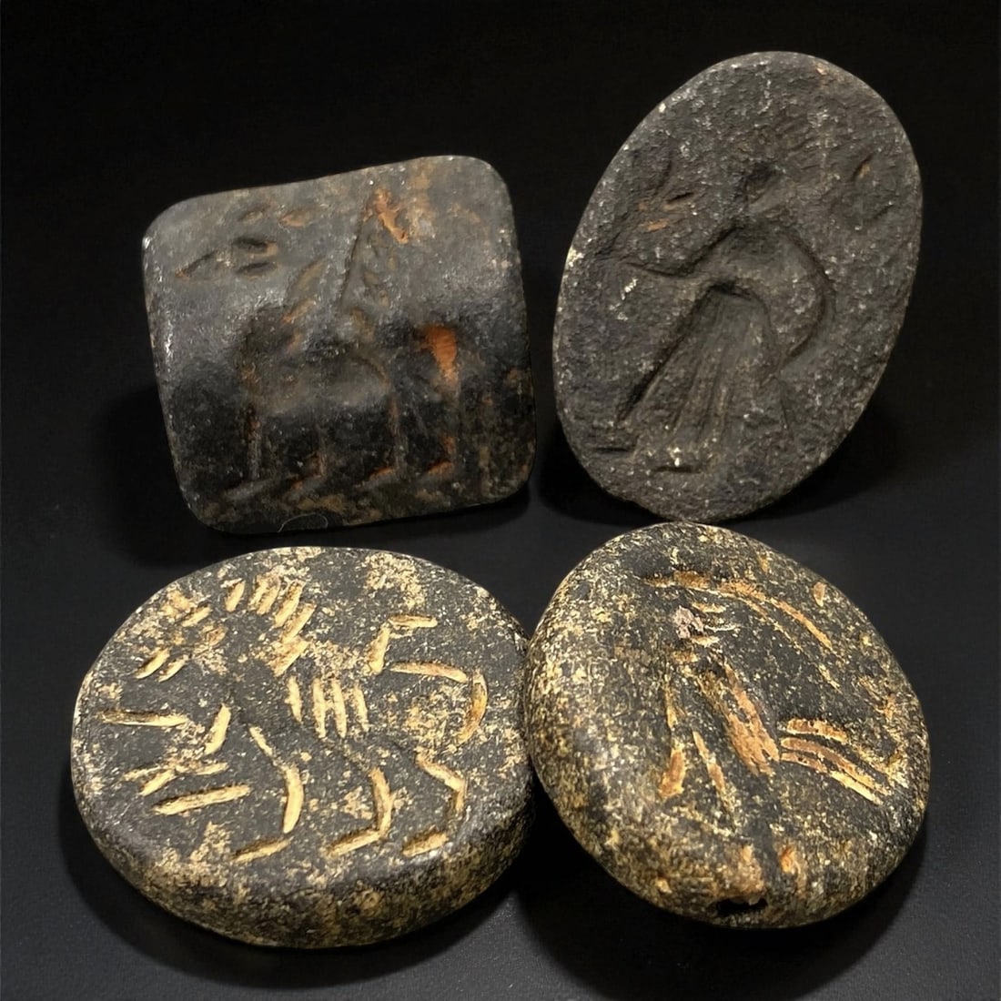 Ancient Old Babylonian Steatite Stamp Seals, c. 19th-17th Century BCE, 2.3-2.9 cm: This fine group of four steatite stamp seals dates to the Old Babylonian period, an era marked by flourishing artistry, literature, and trade in Mesopotamia. Carved with distinct human and animal moti