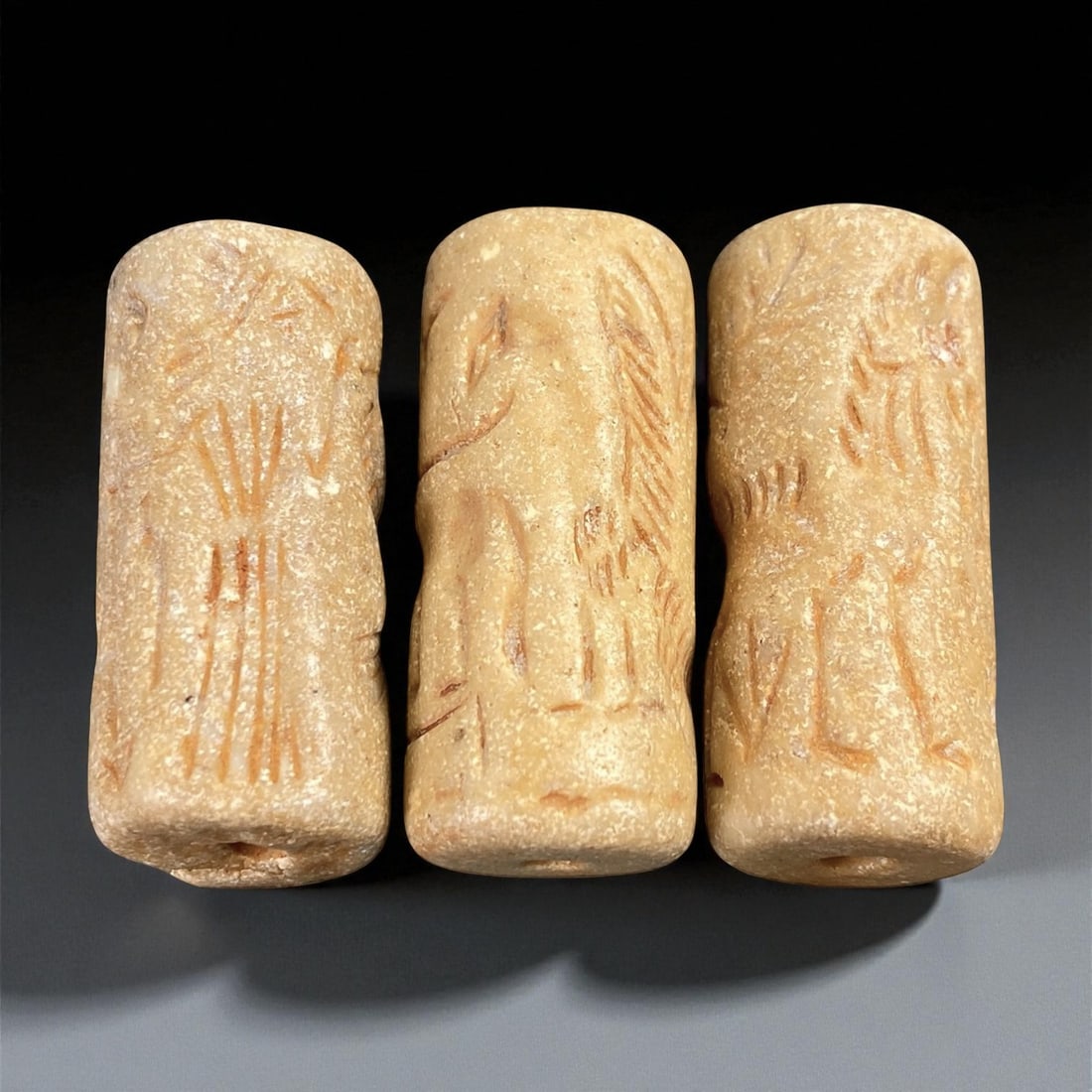 Ancient Akkadian Stone Cylinder Seals, c. 23rd-21st Century BCE, 3.5-3.7 cm: These three finely carved cylinder seals originate from the Akkadian Empire, one of Mesopotamia's earliest and most influential civilizations, flourishing around the 23rd-21st century BCE. Crafted fro