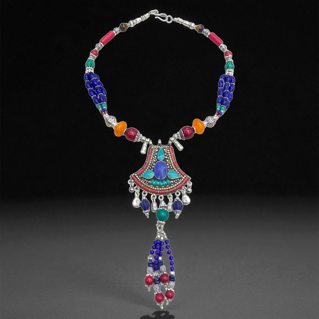Vintage Himalayan Tribal Pendant Necklace, c. Mid-20th Century, 162g: This Vintage Himalayan Tribal Pendant Necklace embodies the enduring cultural and collectible value associated with traditional highland jewelry. Originating from the rugged mountain regions of the Hi