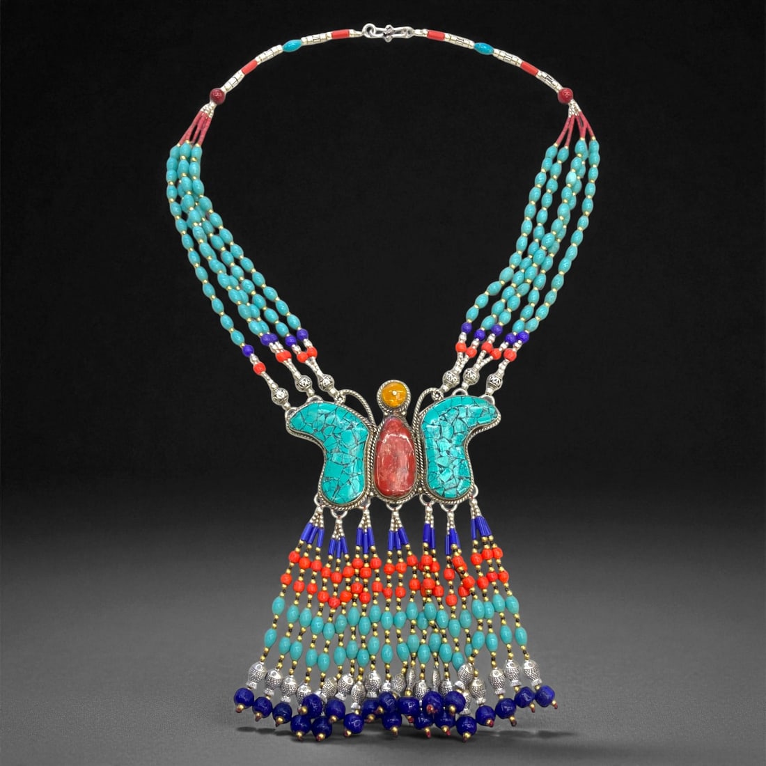 Vintage Himalayan Tribal Pendant Necklace, c. Mid-20th Century, 162g: This Vintage Himalayan Tribal Pendant Necklace embodies the enduring cultural and collectible value associated with traditional highland jewelry. Originating from the rugged mountain regions of the Hi
