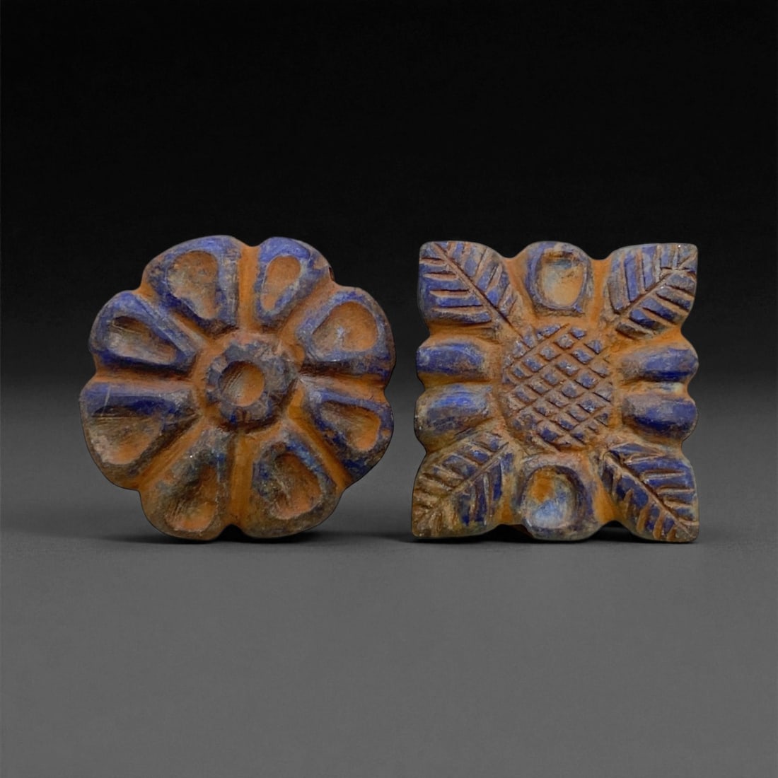 Ancient Achaemenid Lapis Lazuli Floral Beads (Set of 2), c. 6th-4th Century BCE, 3cm, 28g: This exquisite pair of carved lapis lazuli beads dates to the height of the Achaemenid Persian Empire (c. 6th-4th century BCE), a civilization renowned for its sophisticated artistry and reverence for