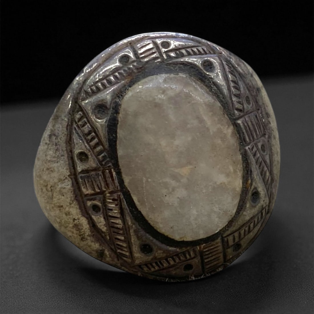 Antique Berber Tuareg Silver and Quartz Signet Ring, c. 19th Century, US 7 9g (1 of 2)