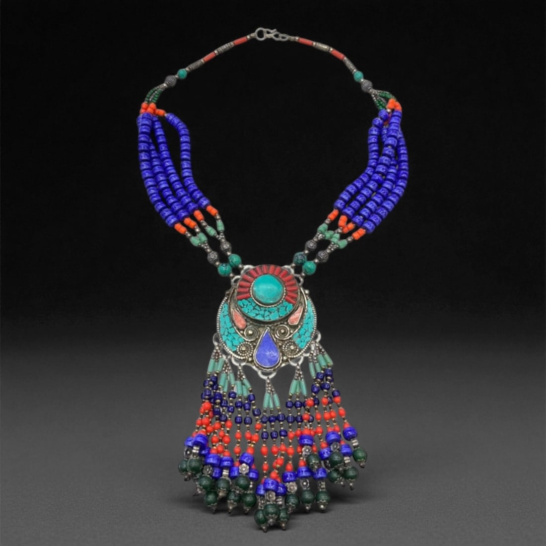 Central Asian Teardrop Medallion Silver Alloy Mosaic Necklace, Ceremonial Fringe Design - 250g (1 of 1)