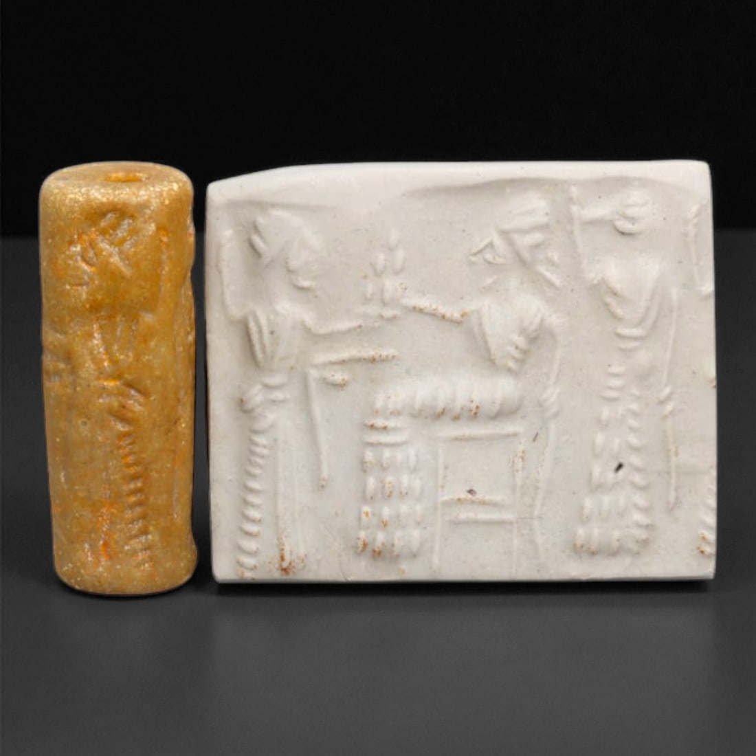 Ancient Early Dynastic Mesopotamian Steatite Cylinder Seal, c. 2600-2350 BCE, 4cm: Carved from pale steatite, this finely executed cylinder seal dates to the Early Dynastic period of Mesopotamia, a time when the first city-states flourished across Sumer and Akkad. The seal exhibits 