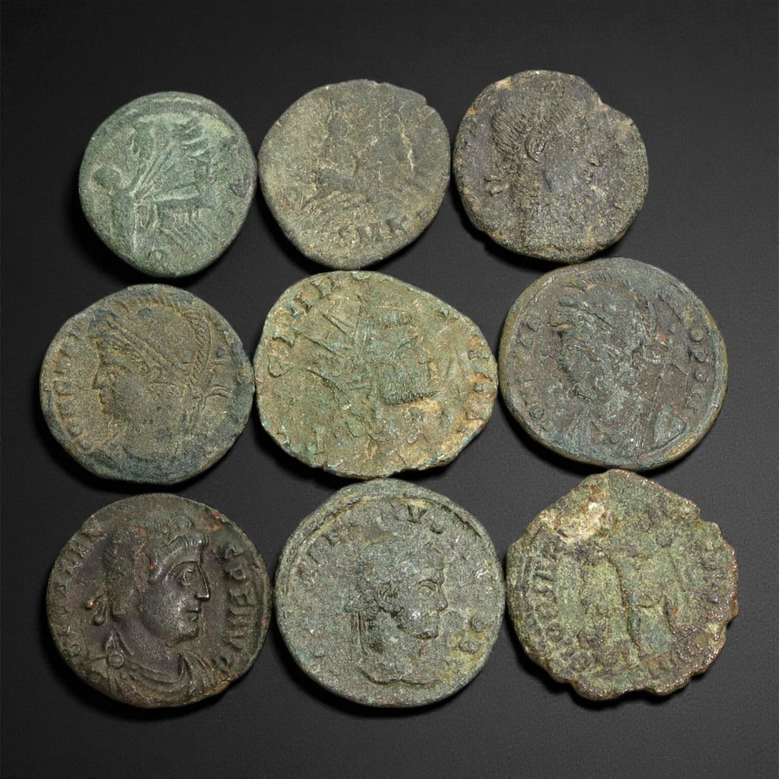 Ancient Roman Imperial Bronze Coins (AE2-AE3 Denominations), c. 3rd-4th Century CE: A well-preserved group of nine bronze coins dating from the late Roman Imperial era, spanning approximately the 3rd to 4th century CE. These AE2-AE3 denominations represent a dynamic period of transit