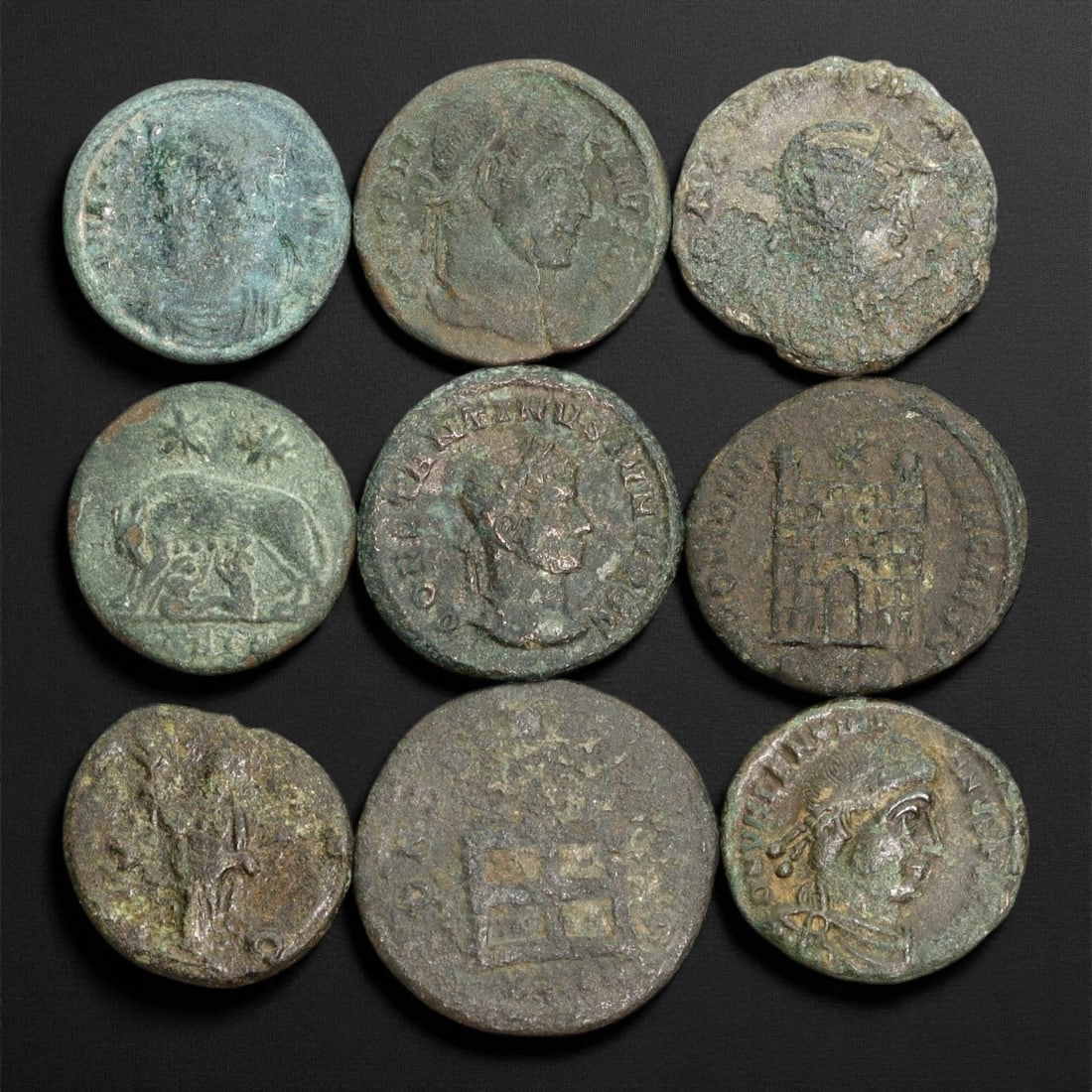 Ancient Roman Imperial Bronze Coins (AE2-AE3 Denominations), c. 3rd-4th Century CE: A well-preserved group of nine bronze coins dating from the late Roman Imperial era, spanning approximately the 3rd to 4th century CE. These AE2-AE3 denominations represent a dynamic period of transit