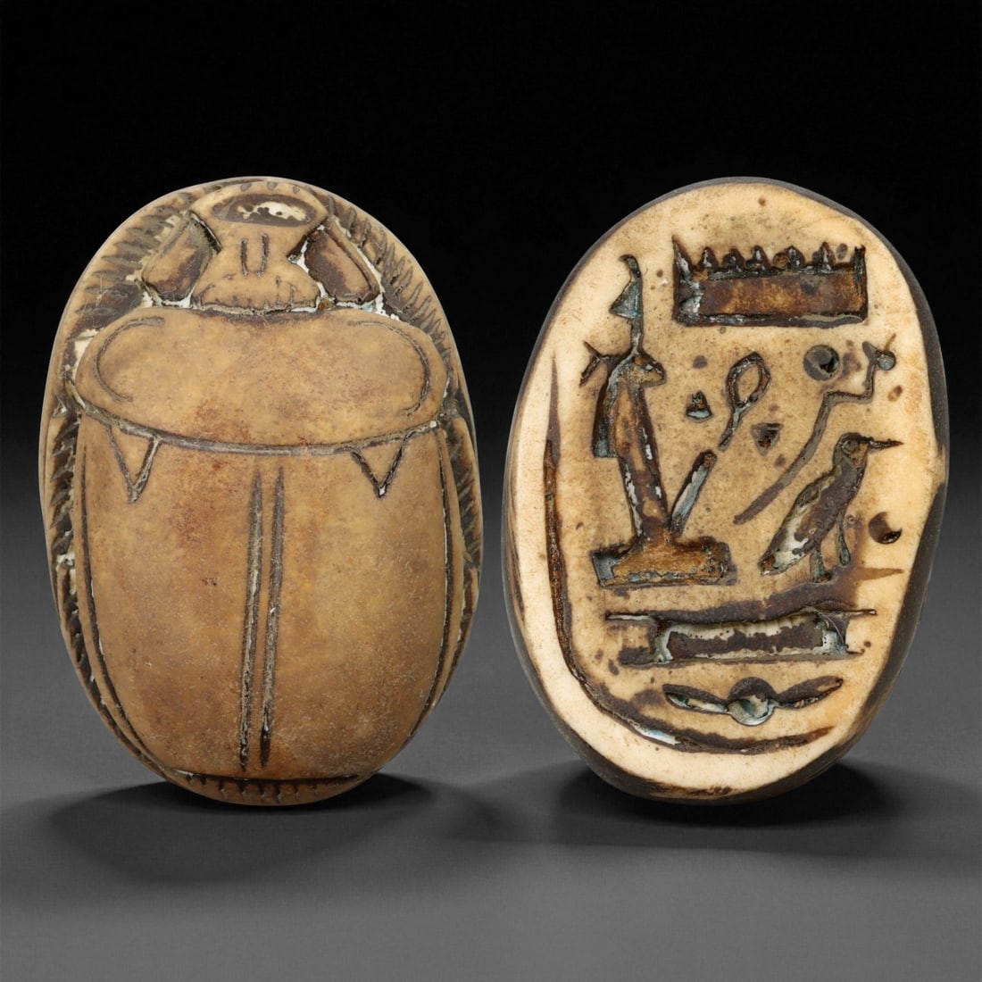 Ancient Egyptian Hieroglyphic Inscription Steatite Scarab Seal, New Kingdom, c. 1550-1070 BCE, 4.3cm: This finely carved steatite scarab seal, dating to Egypt's New Kingdom period (c. 1550-1070 BCE), exemplifies the refined artistry and spiritual symbolism of one of the most celebrated ages in Egyptia