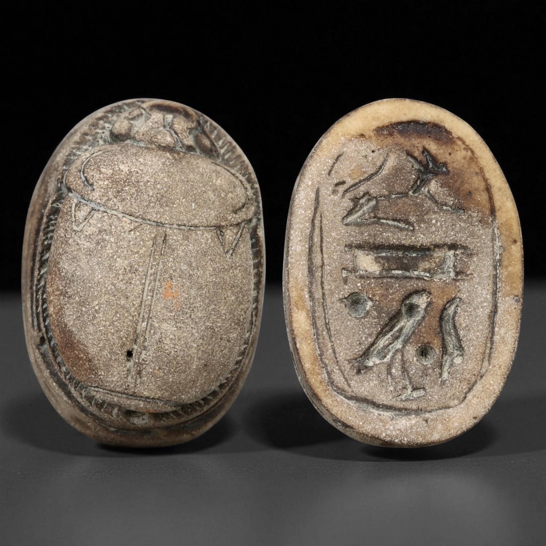 Ancient Egyptian Hieroglyphic Inscription Steatite Scarab Seal, New Kingdom, c. 1550-1070 BCE, 4.1cm: This finely carved steatite scarab seal, dating to Egypt's New Kingdom period (c. 1550-1070 BCE), exemplifies the refined artistry and spiritual symbolism of one of the most celebrated ages in Egyptia