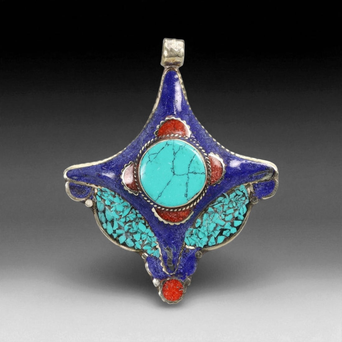 Tibetan Star-Cross Pendant with Turquoise Coral Lapis Inlay, Silver Alloy, 30g (1 of 2)