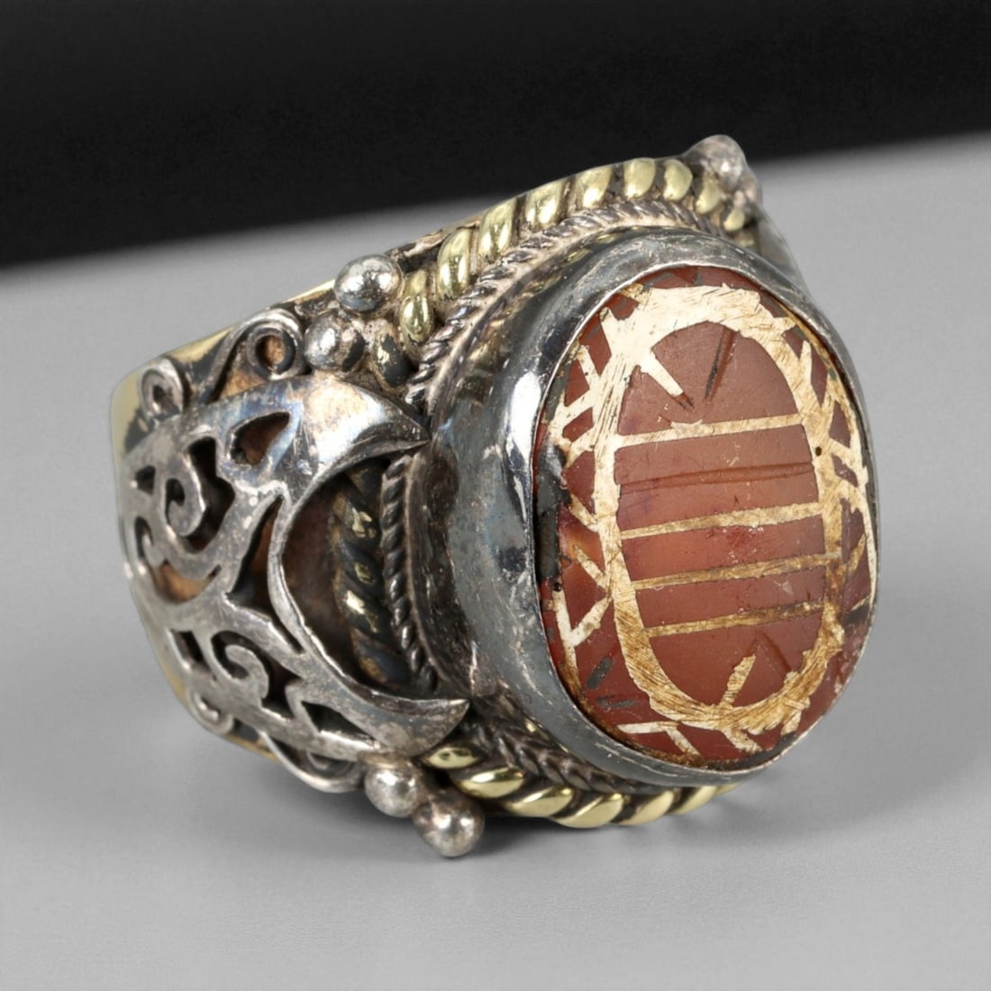 Antique Etched Carnelian Silver Gilt Ring, Early Stone, 20th Century Mount (1 of 3)