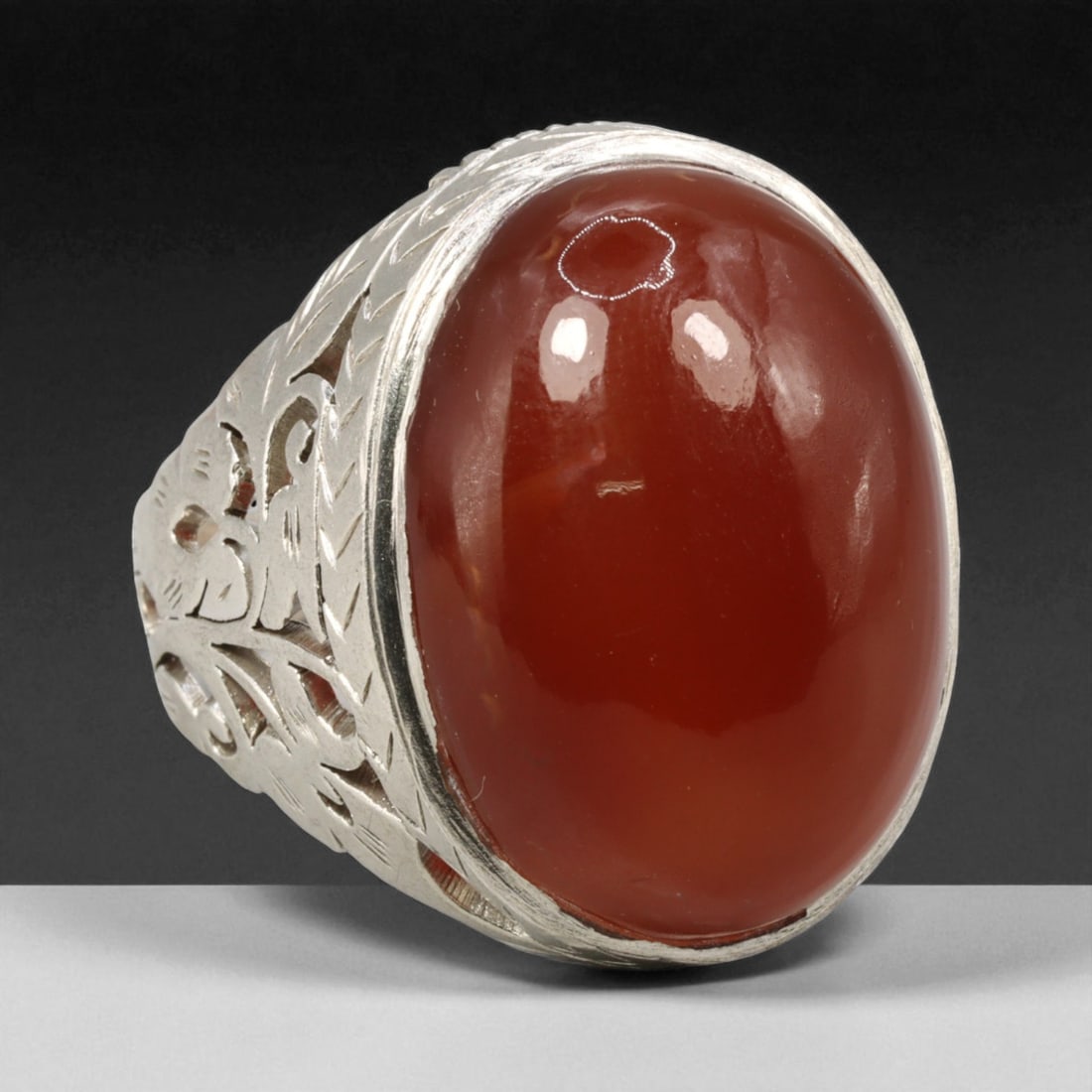 Antique Central Asian Carnelian Filigree Silver Ring, c. 19th-20th Century, US 12.5 (1 of 2)