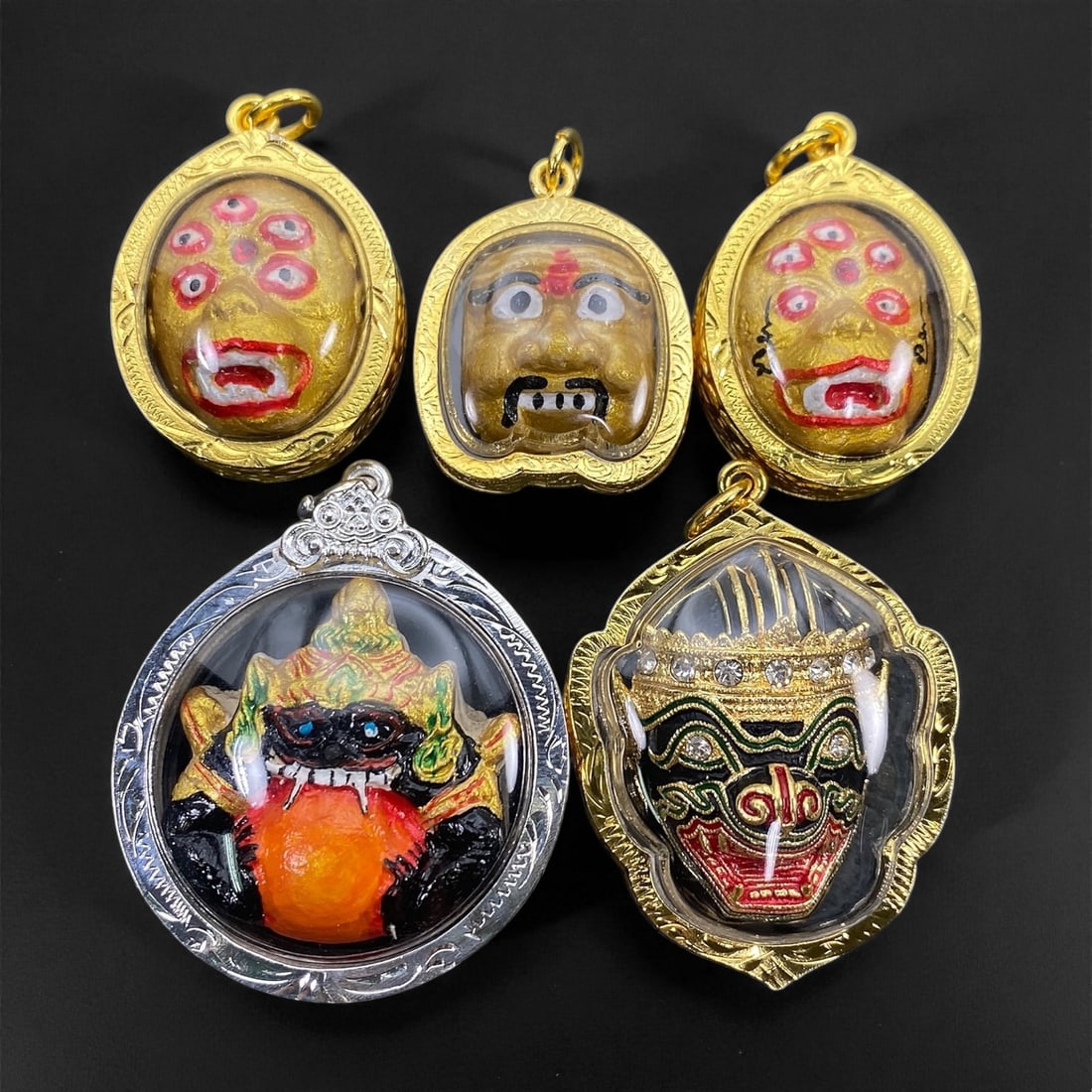 Thai Gilt Guardian Spirit and Deity Mask Amulet Collection, 3.2-4.8cm (1 of 2)