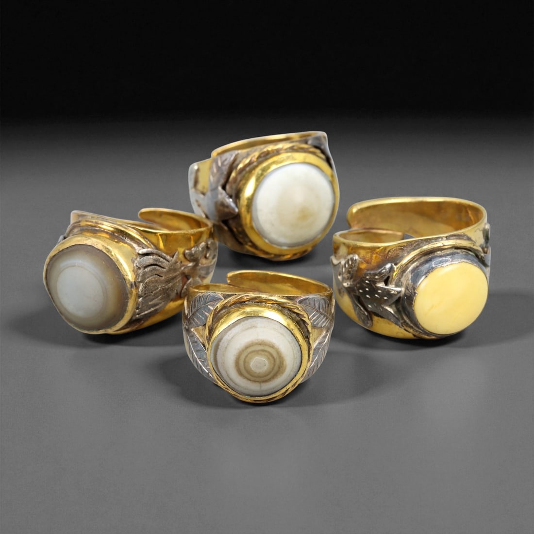 Vintage Himalayan Luk Mik Goat Eye Dzi Silver Gilt Rings Set, c. 20th Century, US 10.25-12 (1 of 1)