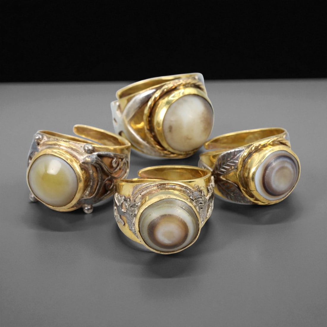 Vintage Himalayan Luk Mik Goat Eye Dzi Silver Gilt Rings Set, c. 20th Century, US 9.5-11 (1 of 1)